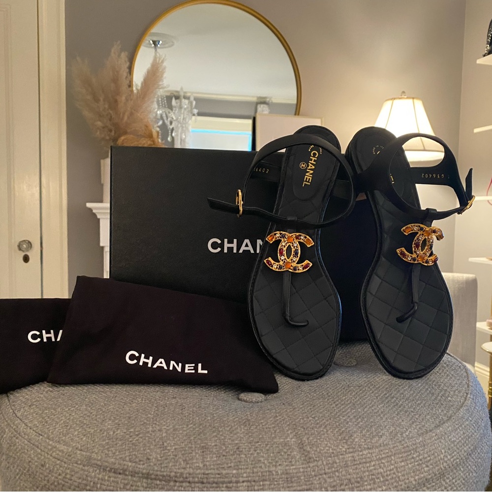Authentic Chanel Jeweled Sandal Black with Gold Jeweled Sandal Logo size 38 1/2